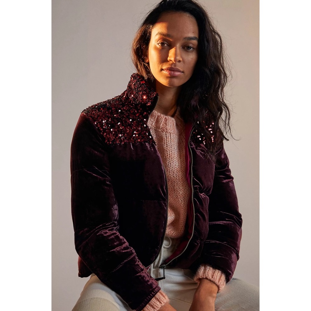 Anthropologie Vera Sequined Velvet Puffer Jacket NWT Sz XL & XS